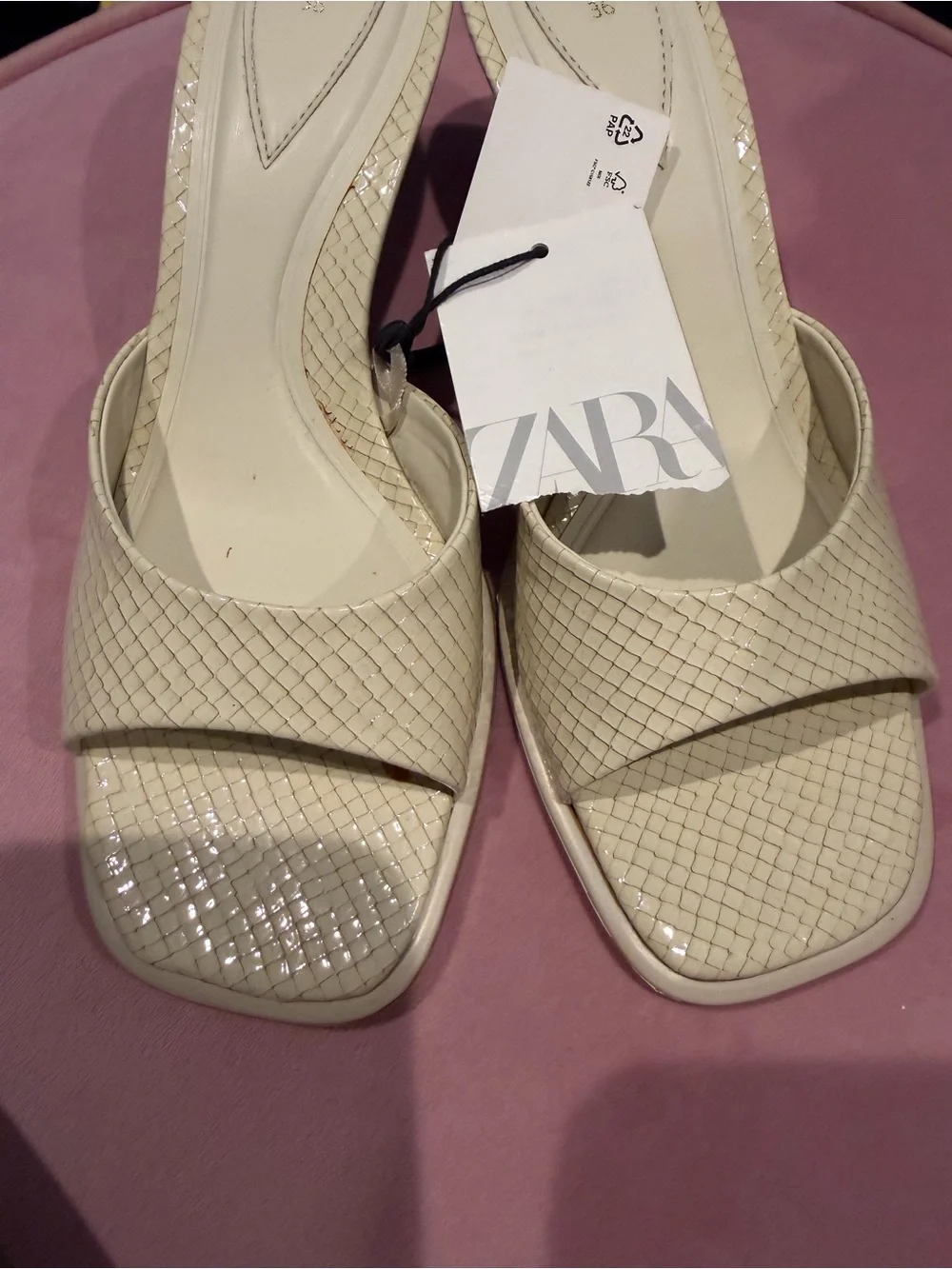 ZARA Cream Woven Square-Toe Slip-On Mules
